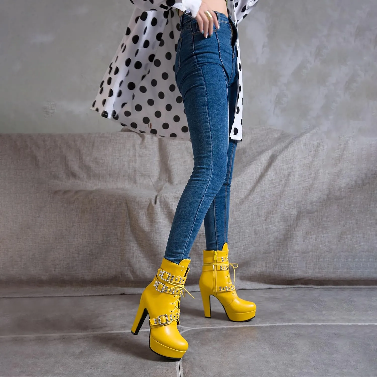 Women's Studded Buckled Combat Boots Chunky Platform Ankle Booties Goth Punk Lace Up Knight Biker Boots Zipper High Heels
