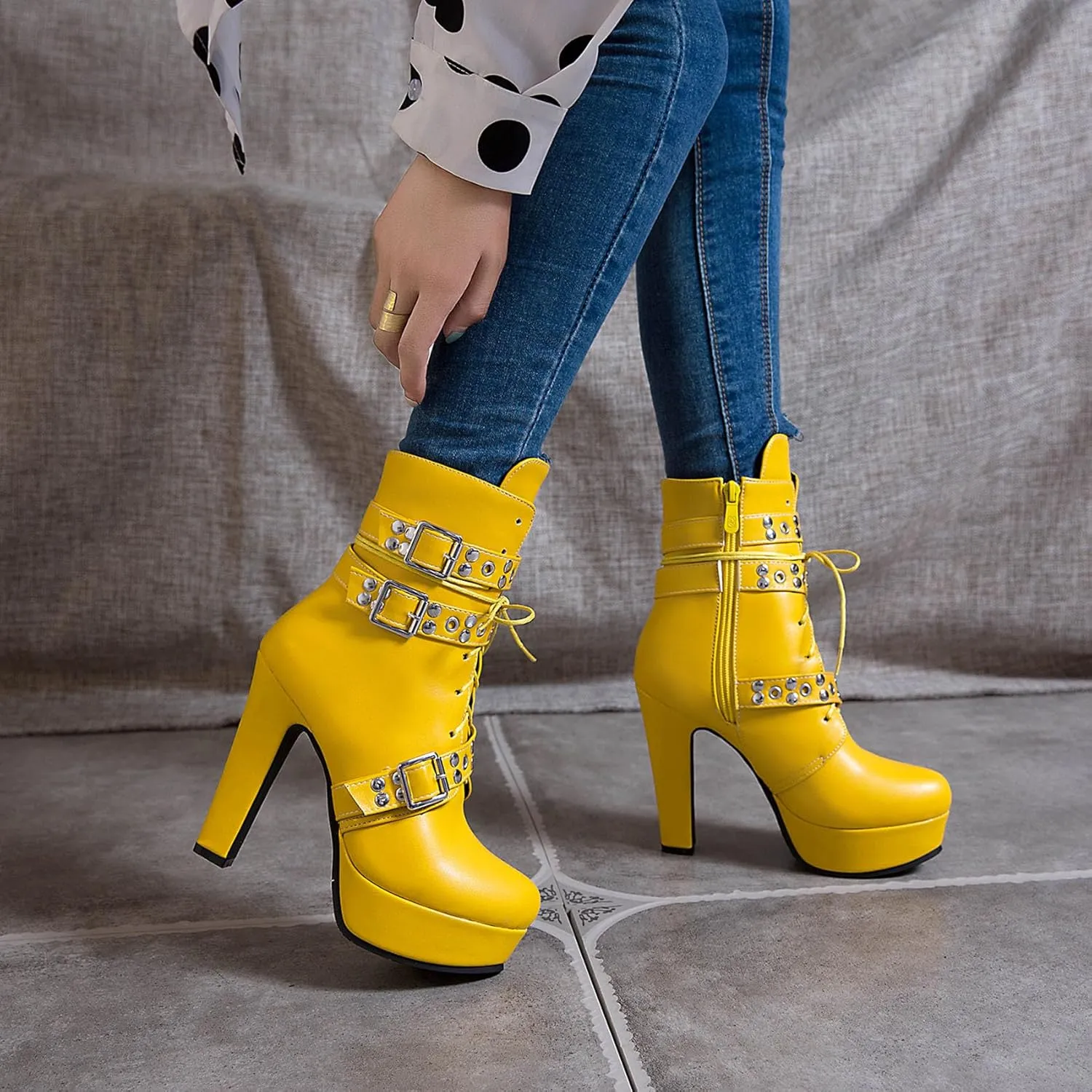 Women's Studded Buckled Combat Boots Chunky Platform Ankle Booties Goth Punk Lace Up Knight Biker Boots Zipper High Heels