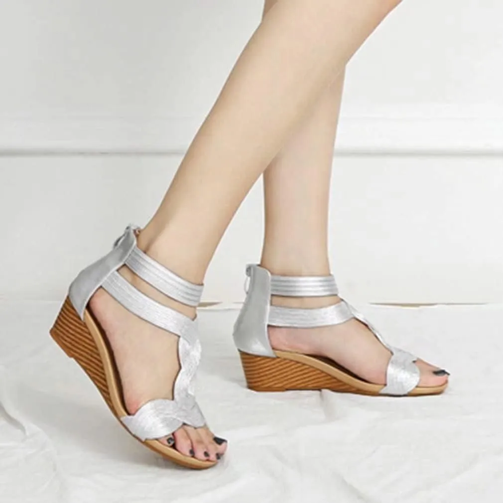 Women's Summer Wedge Sandals Gladiator Rhinestone High Heel Breathable Beach Sandals Roman Open Toe Casual Dress Sandals