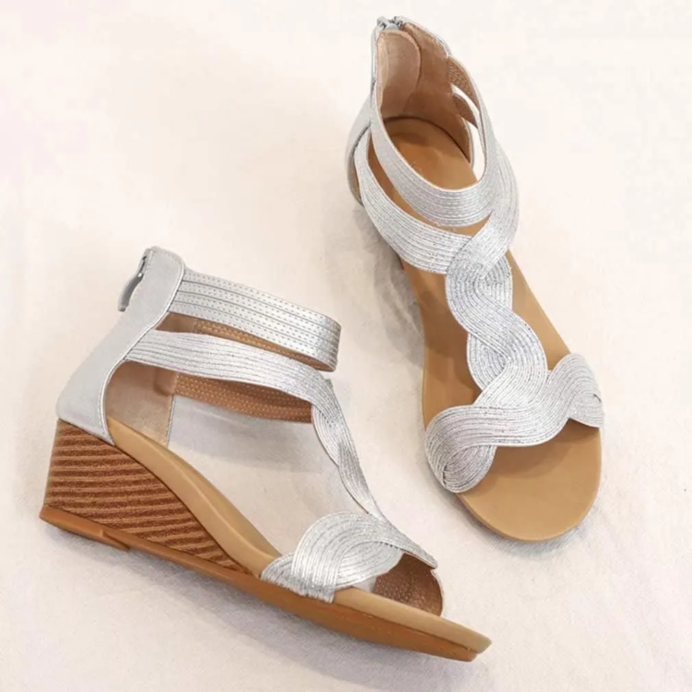 Women's Summer Wedge Sandals Gladiator Rhinestone High Heel Breathable Beach Sandals Roman Open Toe Casual Dress Sandals