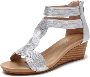 Women's Summer Wedge Sandals Gladiator Rhinestone High Heel Breathable Beach Sandals Roman Open Toe Casual Dress Sandals