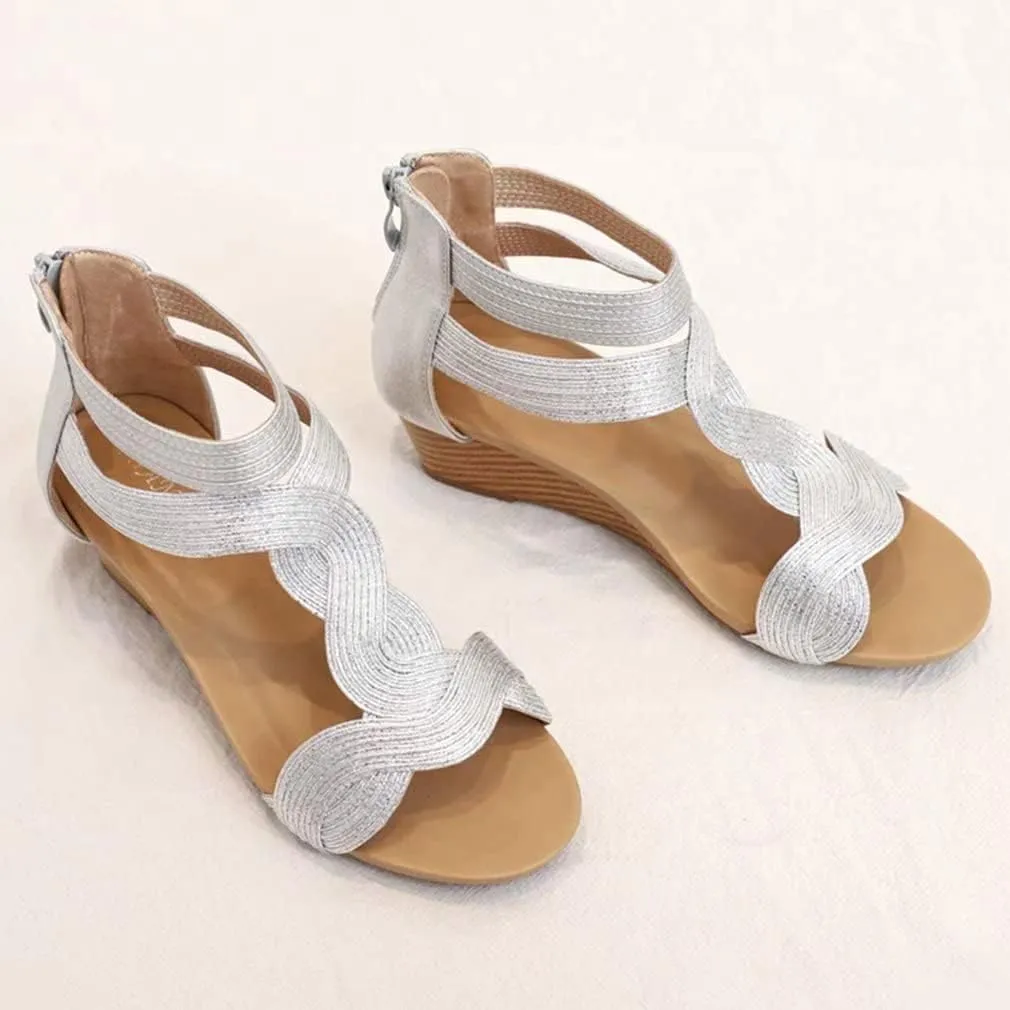 Women's Summer Wedge Sandals Gladiator Rhinestone High Heel Breathable Beach Sandals Roman Open Toe Casual Dress Sandals