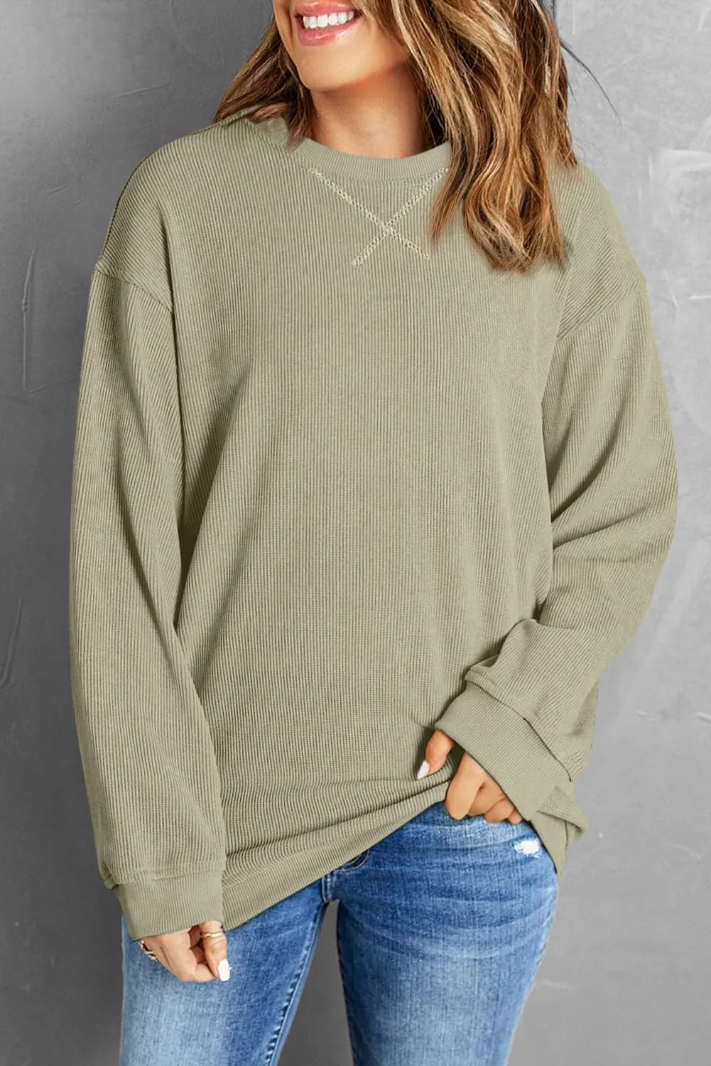 Womens Sweatshirts Casual Cored Corduroy Pullover Tops Oversized Long Sleeve Crewneck Shirts