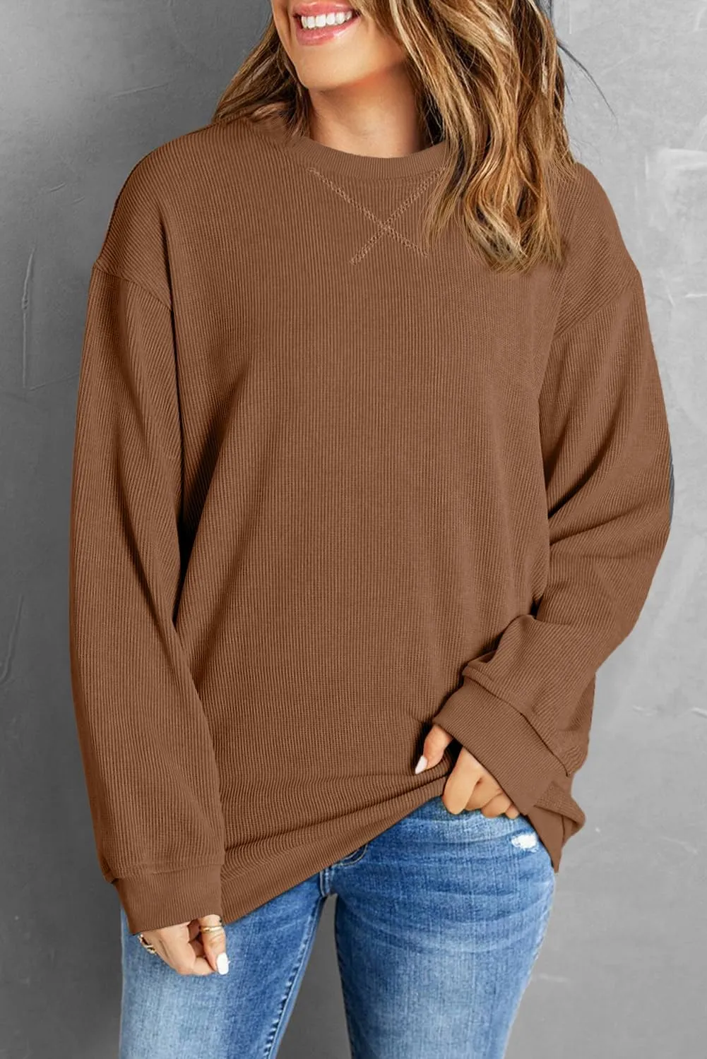 Womens Sweatshirts Casual Cored Corduroy Pullover Tops Oversized Long Sleeve Crewneck Shirts