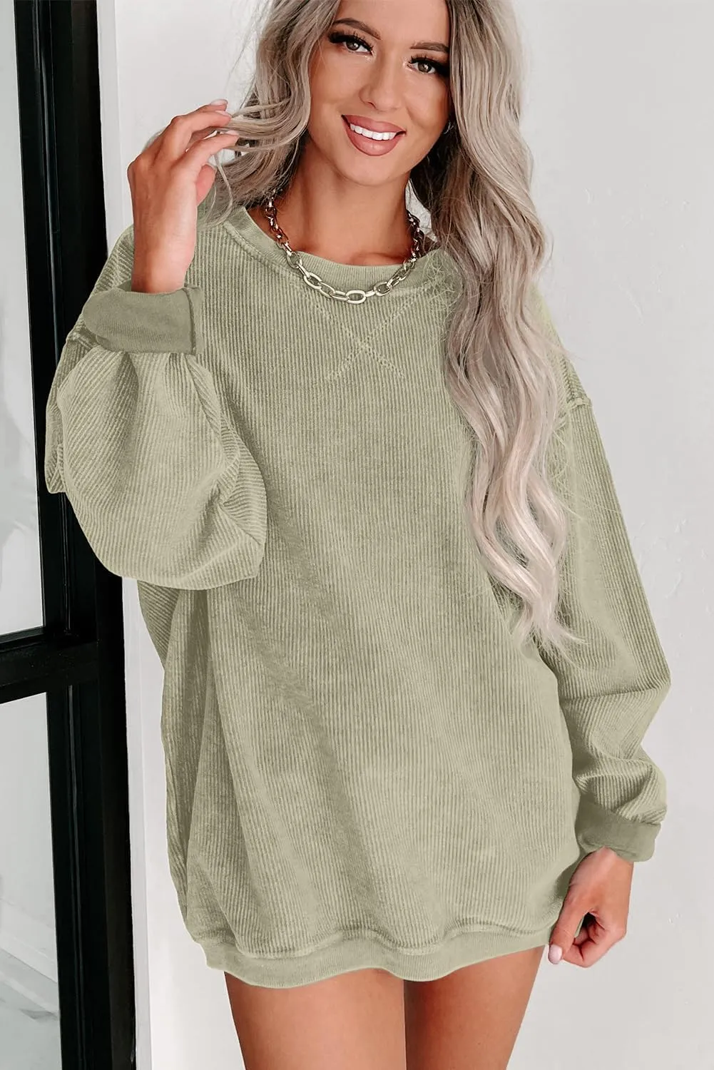 Womens Sweatshirts Casual Cored Corduroy Pullover Tops Oversized Long Sleeve Crewneck Shirts