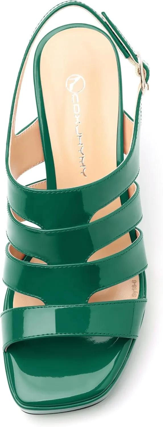 Women's thick soled sandals, square open toe thick heel women's ankle strap sandals, buckle leather insole sandals 3.3 inches, sexy thick heel sandals