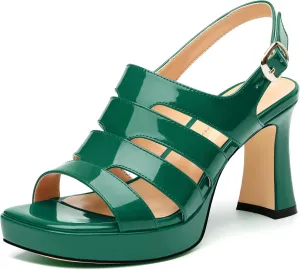 Women's thick soled sandals, square open toe thick heel women's ankle strap sandals, buckle leather insole sandals 3.3 inches, sexy thick heel sandals