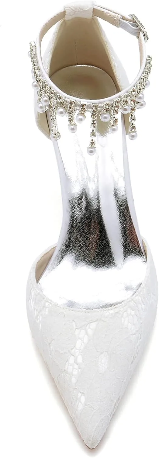 Women's Wedding Bridal Sandals Lace Wedding Shoes Pointed Toe High Heels Stiletto Heeled Closed Toe Pumps Ankle Strap with Beaded Pearl Wedding Dress Shoes