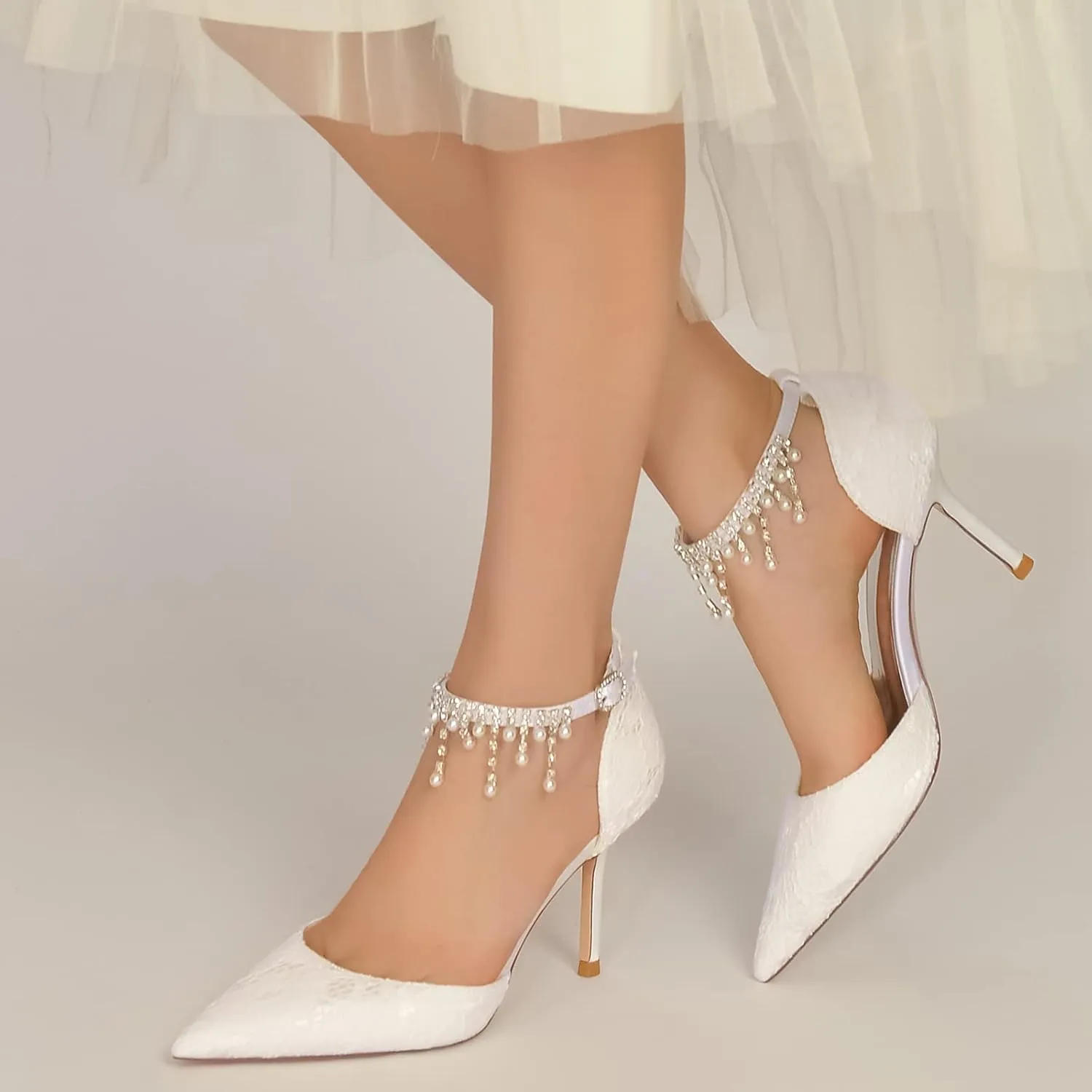 Women's Wedding Bridal Sandals Lace Wedding Shoes Pointed Toe High Heels Stiletto Heeled Closed Toe Pumps Ankle Strap with Beaded Pearl Wedding Dress Shoes