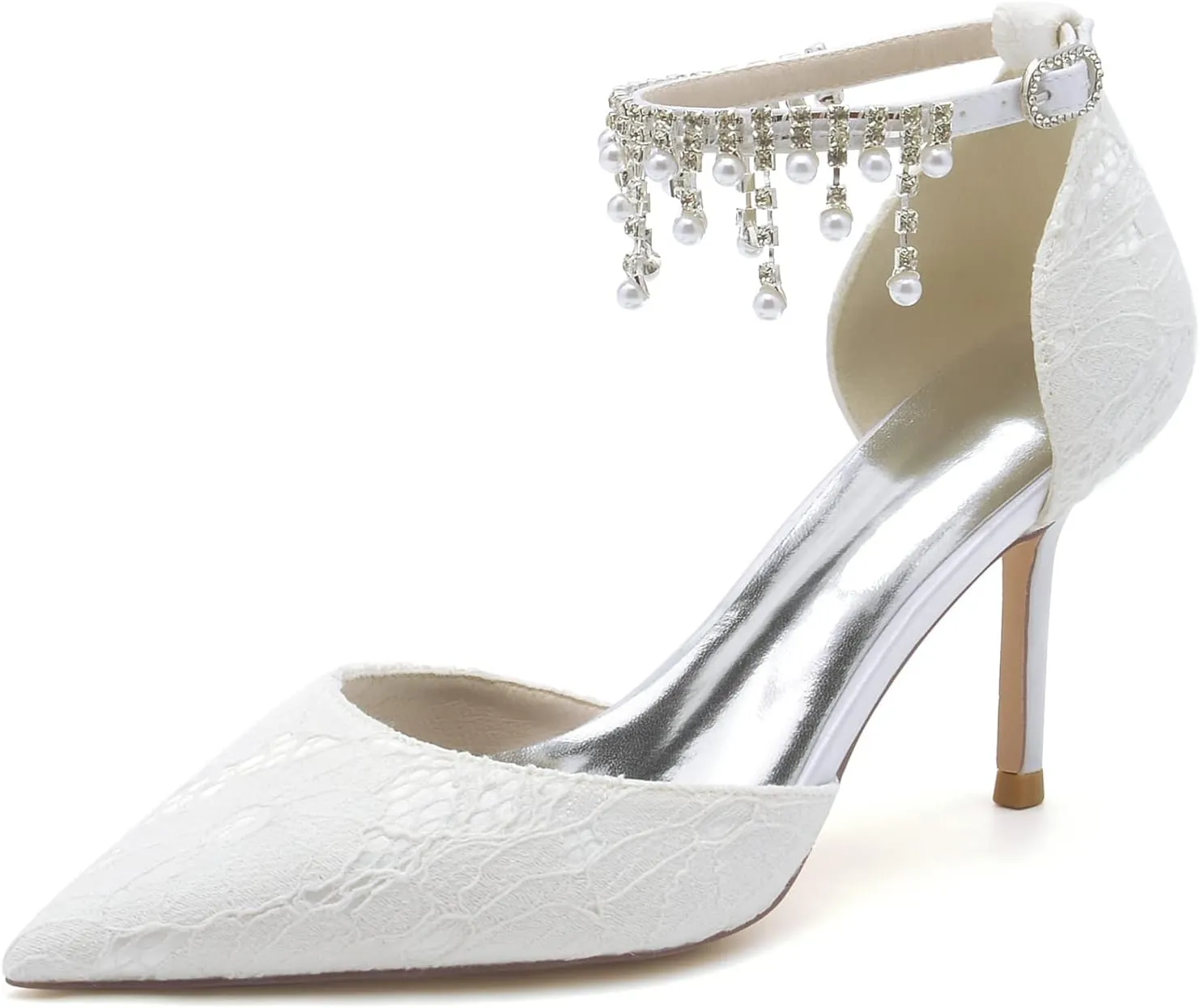 Women's Wedding Bridal Sandals Lace Wedding Shoes Pointed Toe High Heels Stiletto Heeled Closed Toe Pumps Ankle Strap with Beaded Pearl Wedding Dress Shoes