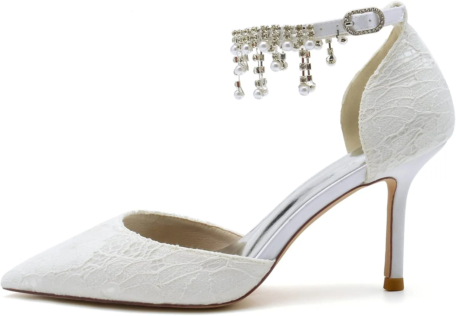 Women's Wedding Bridal Sandals Lace Wedding Shoes Pointed Toe High Heels Stiletto Heeled Closed Toe Pumps Ankle Strap with Beaded Pearl Wedding Dress Shoes