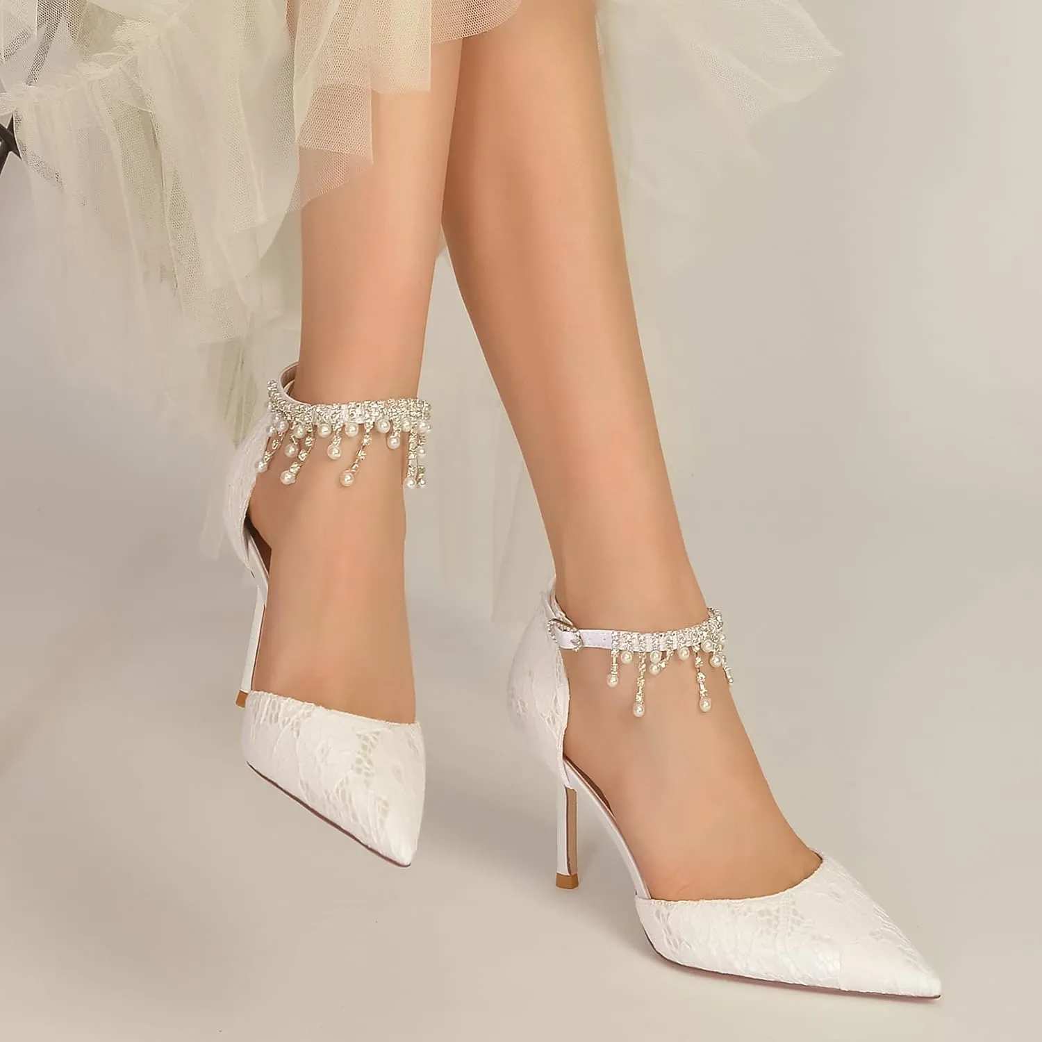 Women's Wedding Bridal Sandals Lace Wedding Shoes Pointed Toe High Heels Stiletto Heeled Closed Toe Pumps Ankle Strap with Beaded Pearl Wedding Dress Shoes