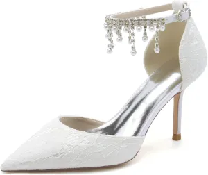 Women's Wedding Bridal Sandals Lace Wedding Shoes Pointed Toe High Heels Stiletto Heeled Closed Toe Pumps Ankle Strap with Beaded Pearl Wedding Dress Shoes