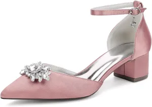 Women's Wedding Shoes Bride Satin Pointed Toe Low Heels Ankle Strap Block Heel Dress High Sandal 4.5Cm