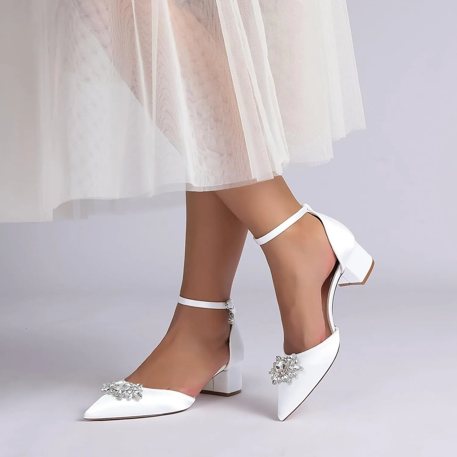 Women's Wedding Shoes Bride Satin Pointed Toe Low Heels Ankle Strap Block Heel Dress High Sandal 4.5Cm