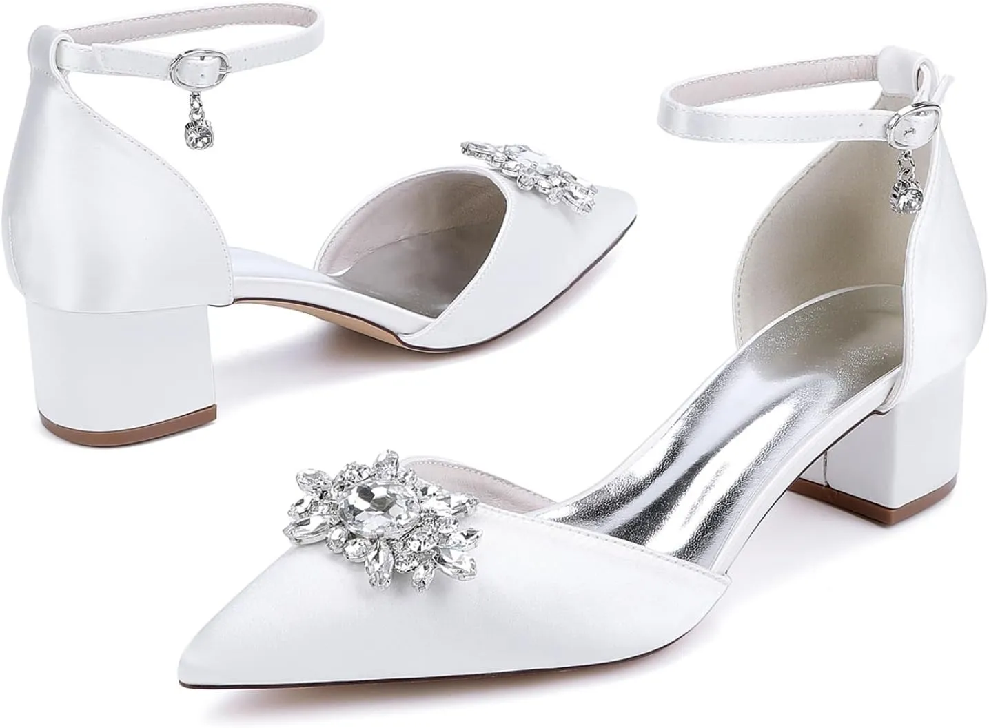 Women's Wedding Shoes Bride Satin Pointed Toe Low Heels Ankle Strap Block Heel Dress High Sandal 4.5Cm