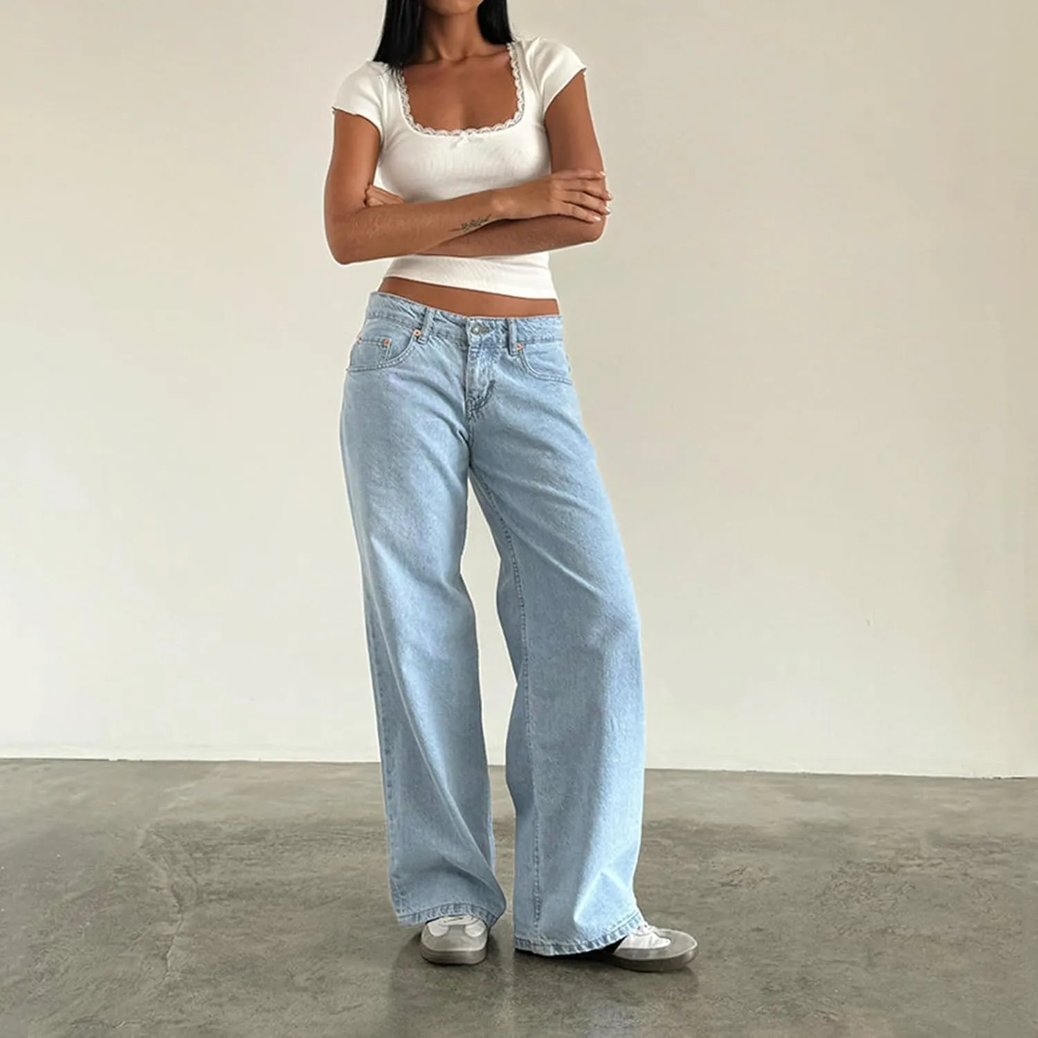 Women's Wide Leg Boyfriend Denim Pants - Low Rise Baggy Casual Loose Jeans - Y2K E-Girl Style