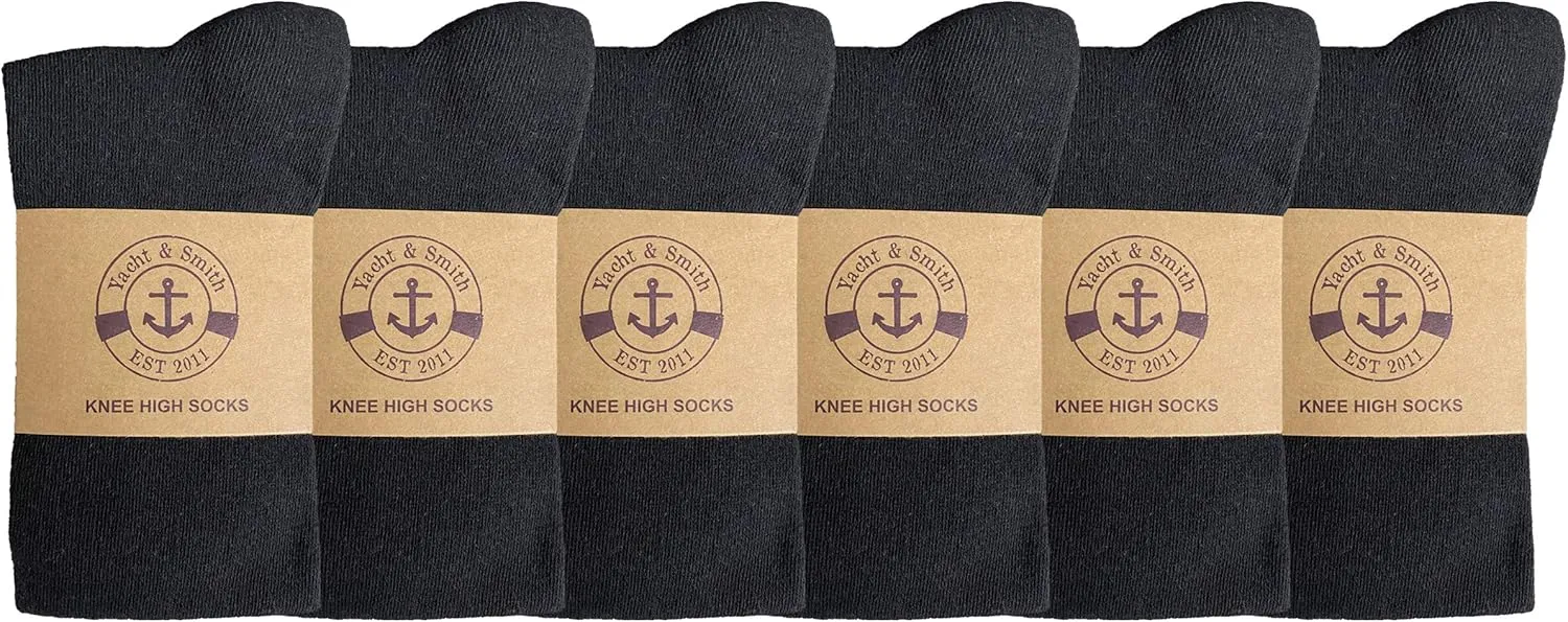 Yacht & Smith 6 Pairs of Cotton Womens Knee High Socks, Flat Knit, Solid Colors