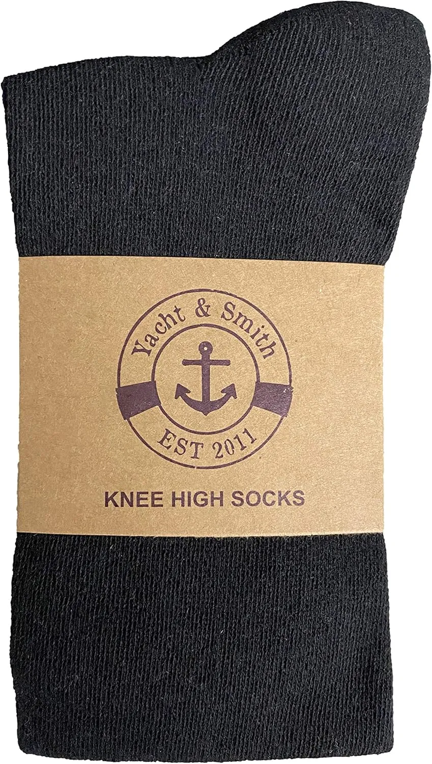 Yacht & Smith 6 Pairs of Cotton Womens Knee High Socks, Flat Knit, Solid Colors