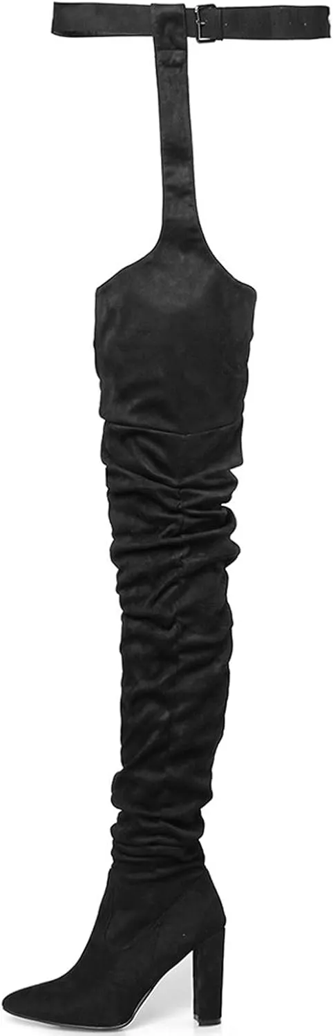 YIYA Slouch Over The Knee Boots for Women Suede Combat T-Tied Belt Thigh High Boots Sexy Pointed Toe High Heel Long Boots