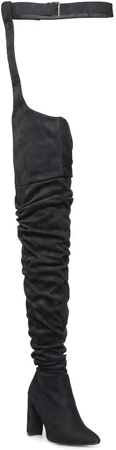 YIYA Slouch Over The Knee Boots for Women Suede Combat T-Tied Belt Thigh High Boots Sexy Pointed Toe High Heel Long Boots
