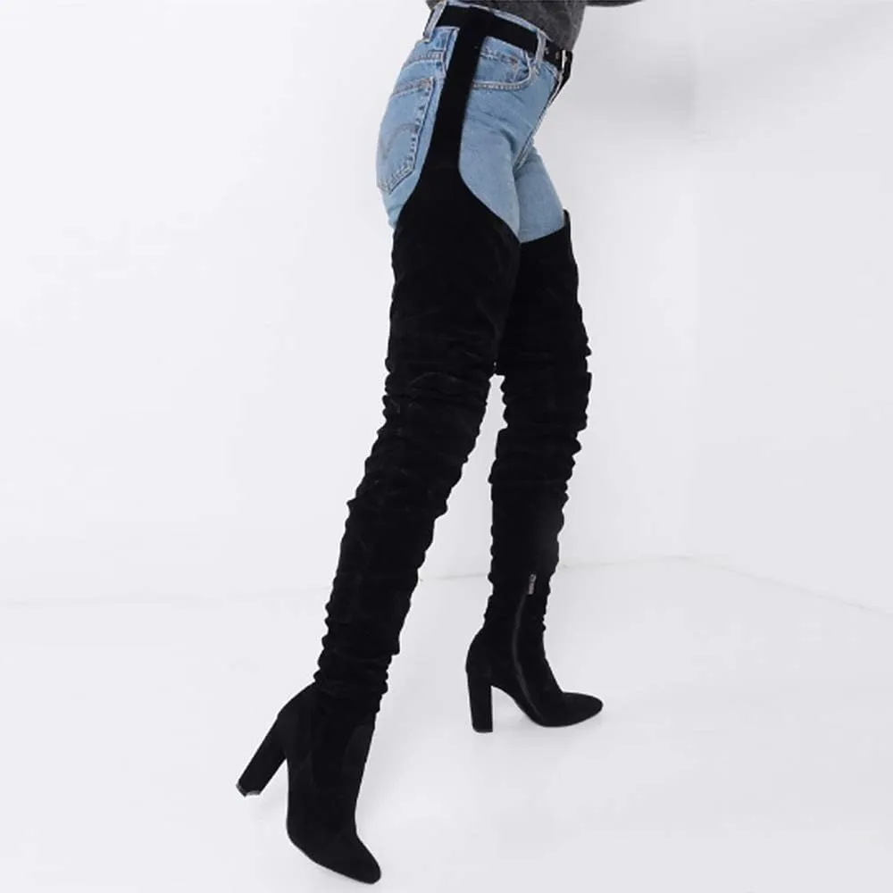 YIYA Slouch Over The Knee Boots for Women Suede Combat T-Tied Belt Thigh High Boots Sexy Pointed Toe High Heel Long Boots