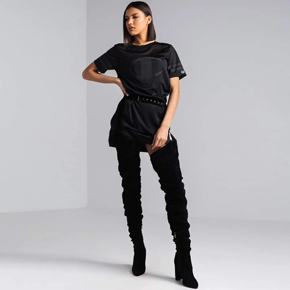 YIYA Slouch Over The Knee Boots for Women Suede Combat T-Tied Belt Thigh High Boots Sexy Pointed Toe High Heel Long Boots