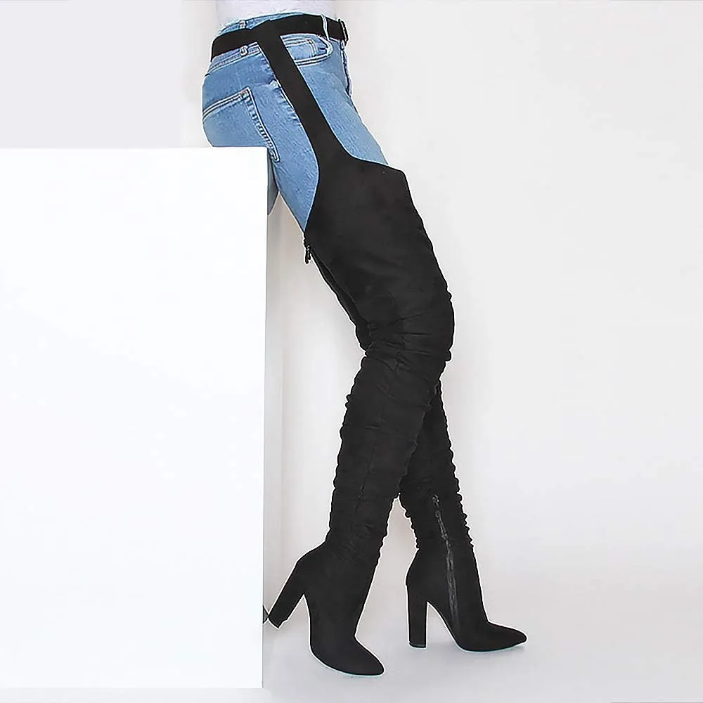 YIYA Slouch Over The Knee Boots for Women Suede Combat T-Tied Belt Thigh High Boots Sexy Pointed Toe High Heel Long Boots