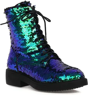 YIYA Women's Lace Up Glitter Sequin Combat Boots Round Toe Chunky Low Heel Side Zipper Sparkly Ankle Booties