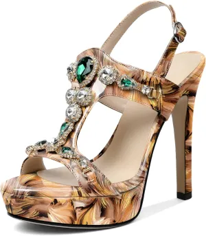 Zamikoo Heeled Sandals for women Platform Rhinestone High Heel Open Toe Stiletto Slingback Sandals Ankle Strap Dress Shoes for Wedding Party Event Evening