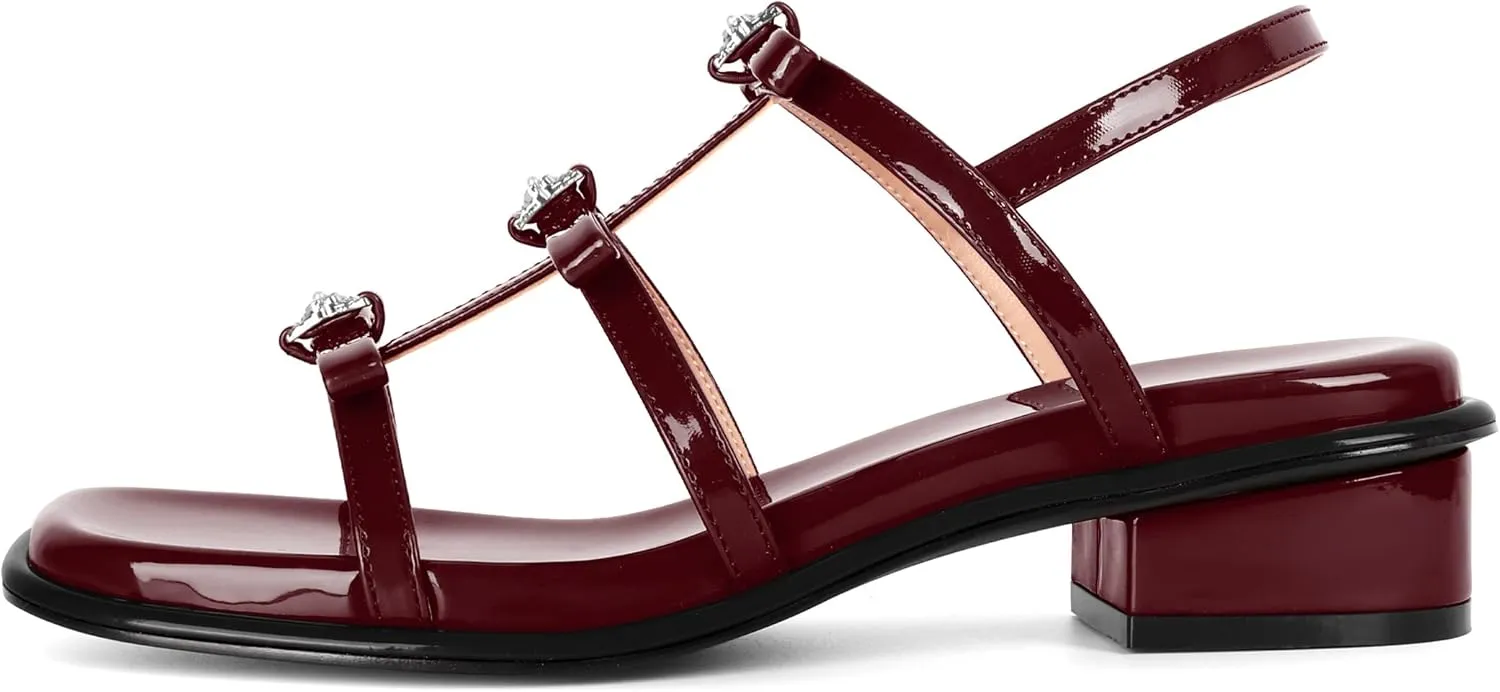 Zamikoo Womens Chunky Block Low Heel Sandals Square Toe Heels Strappy Summer Heeled Sandals Elastic Rhinestone Bow Sandals Cute Casual Dress Shoes 1.2 Inch