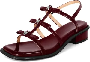 Zamikoo Womens Chunky Block Low Heel Sandals Square Toe Heels Strappy Summer Heeled Sandals Elastic Rhinestone Bow Sandals Cute Casual Dress Shoes 1.2 Inch