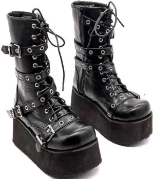 ZKXYFFS Platform Ankle Boots for Women Chunky High Heel Booties Goth Round Toe Combat Wedges Boots Buckle Studded Motorcycle Booties