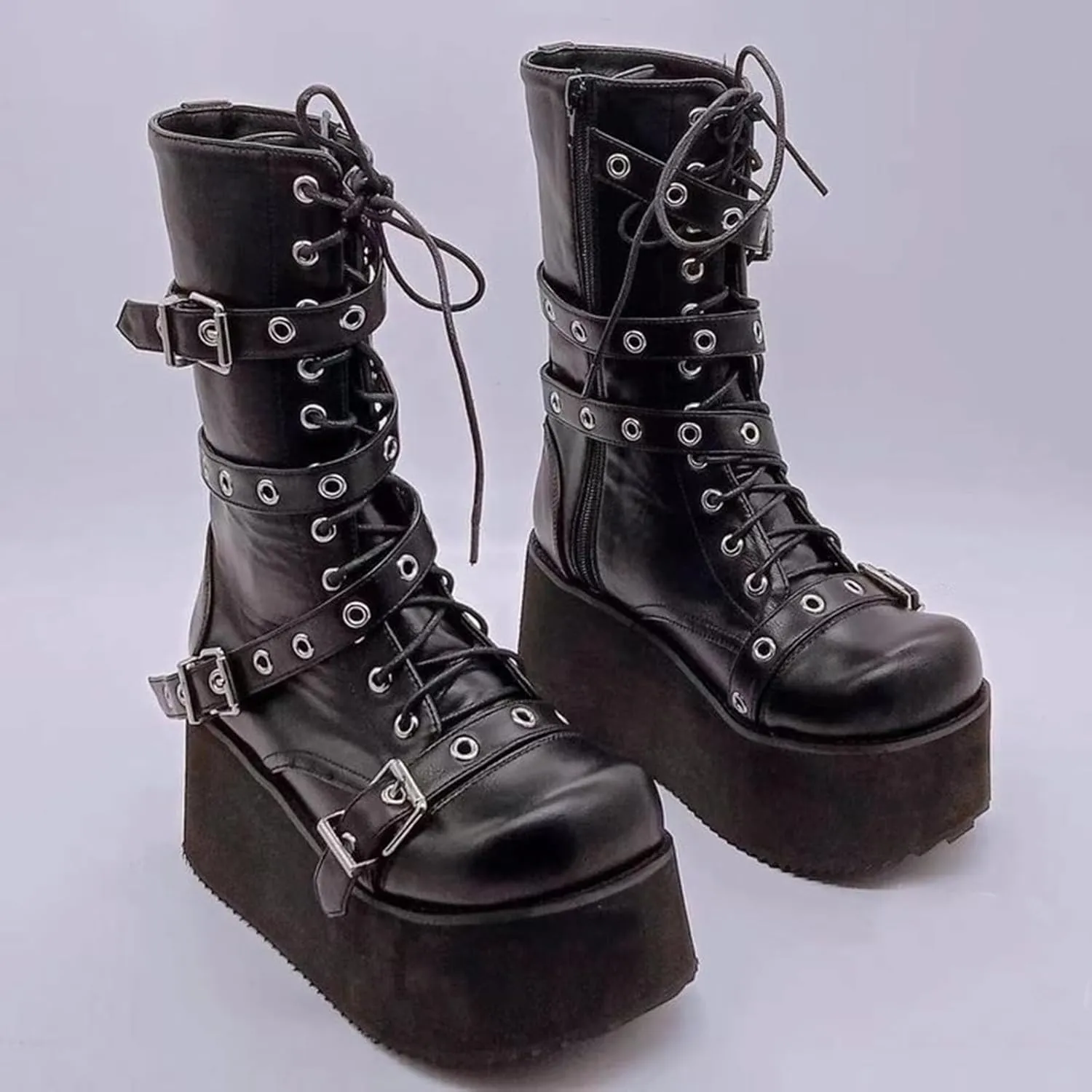 ZKXYFFS Platform Ankle Boots for Women Chunky High Heel Booties Goth Round Toe Combat Wedges Boots Buckle Studded Motorcycle Booties
