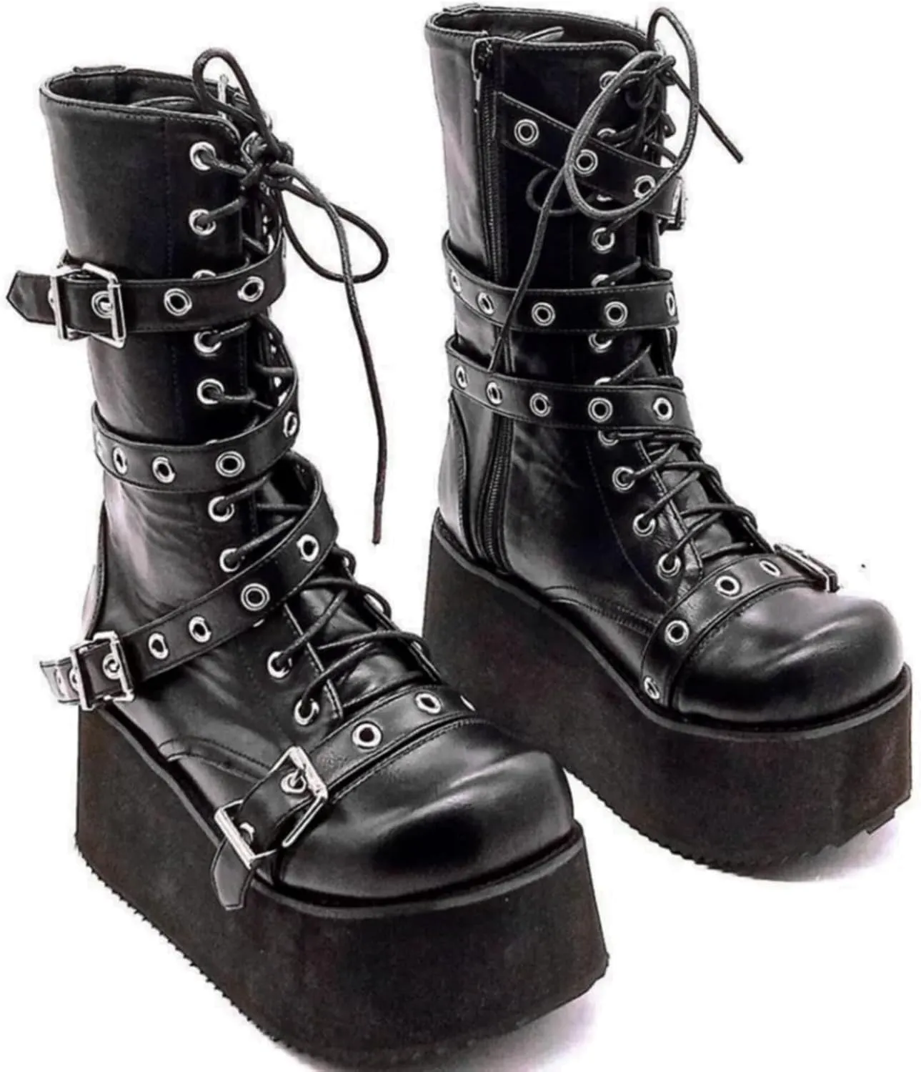 ZKXYFFS Platform Ankle Boots for Women Chunky High Heel Booties Goth Round Toe Combat Wedges Boots Buckle Studded Motorcycle Booties
