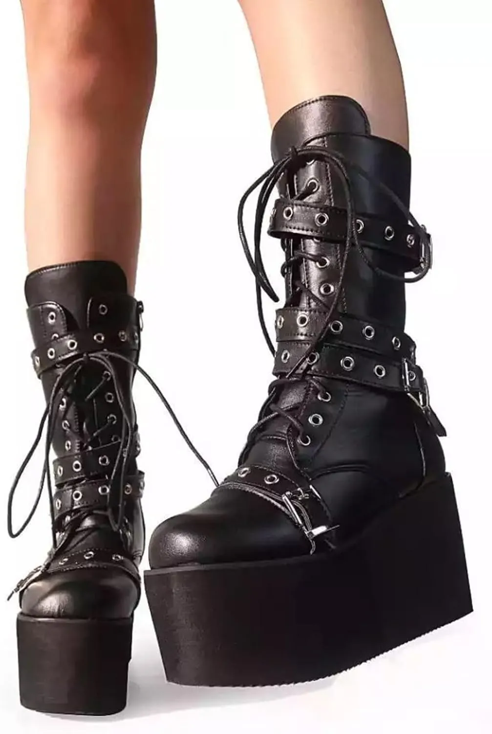 ZKXYFFS Platform Ankle Boots for Women Chunky High Heel Booties Goth Round Toe Combat Wedges Boots Buckle Studded Motorcycle Booties