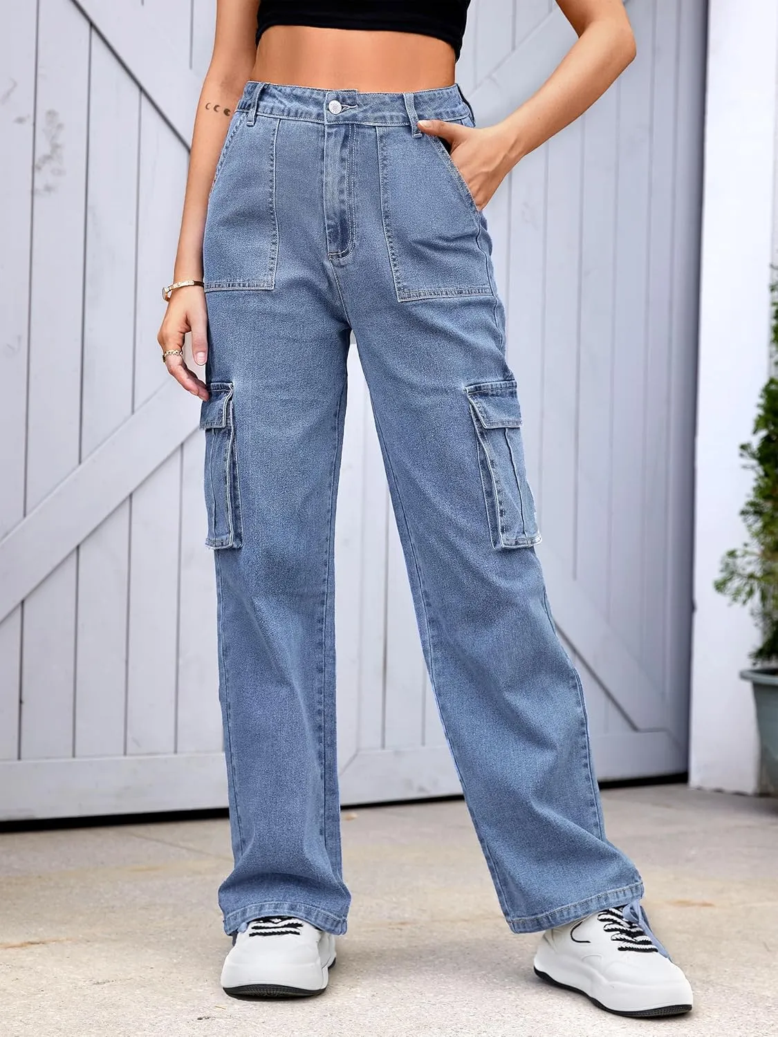 ZMPSIISA Women High Waisted Cargo Pants Wide Leg Casual Pants 6 Pockets Combat Military Trousers