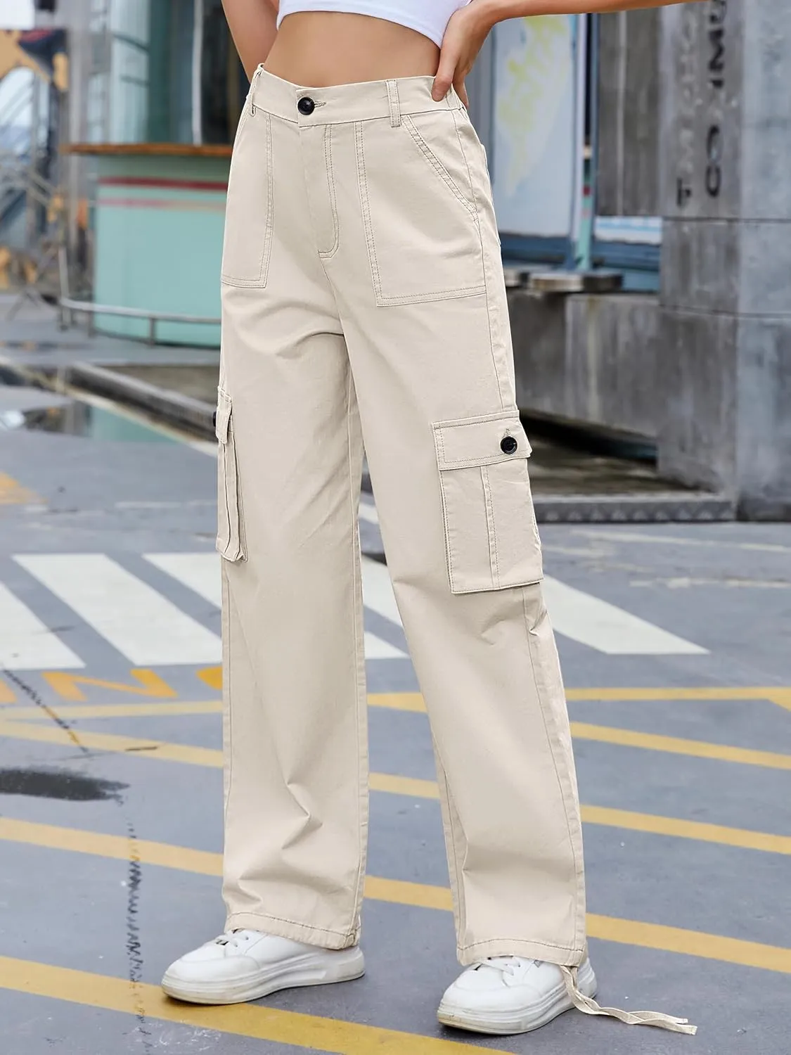 ZMPSIISA Women High Waisted Cargo Pants Wide Leg Casual Pants 6 Pockets Combat Military Trousers