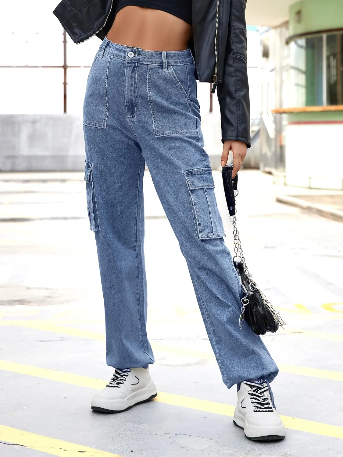 ZMPSIISA Women High Waisted Cargo Pants Wide Leg Casual Pants 6 Pockets Combat Military Trousers