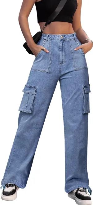 ZMPSIISA Women High Waisted Cargo Pants Wide Leg Casual Pants 6 Pockets Combat Military Trousers