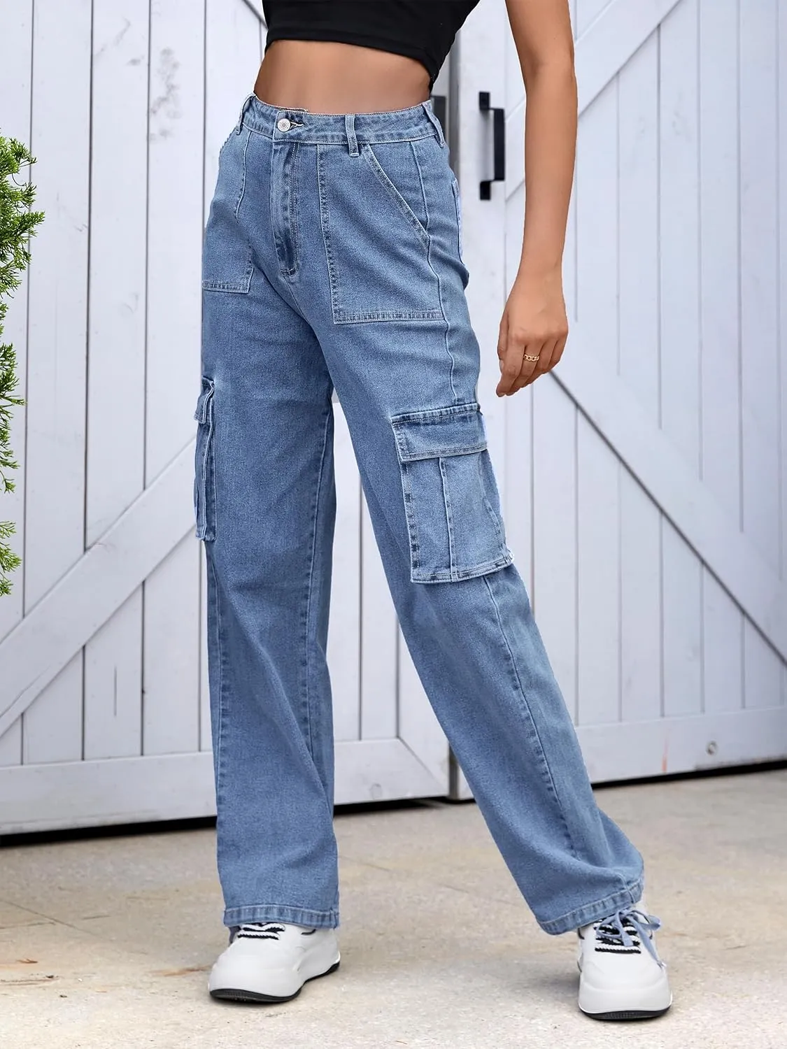 ZMPSIISA Women High Waisted Cargo Pants Wide Leg Casual Pants 6 Pockets Combat Military Trousers