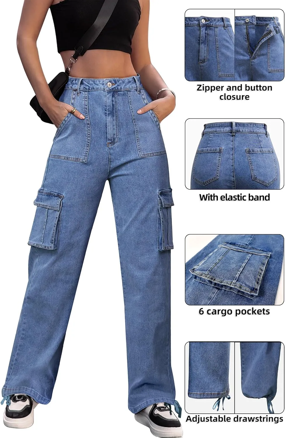 ZMPSIISA Women High Waisted Cargo Pants Wide Leg Casual Pants 6 Pockets Combat Military Trousers