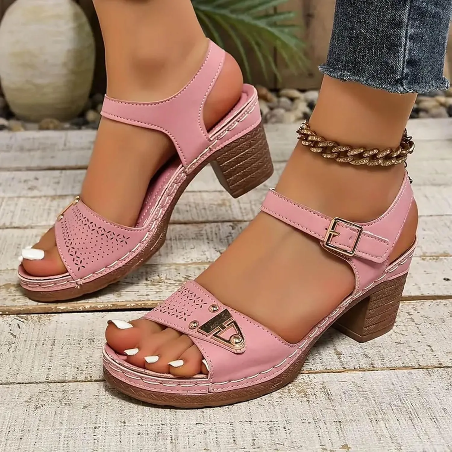 ZSpzx Women's Block Heeled Sandals Comfortable Slip On Peep Toe Adjustable Strappy Chunky Sandal Ladies Plantar Fasciitis Recovery Mules Low Heels Cushion Footbed Orthopedic Arch Support Casual Shoes