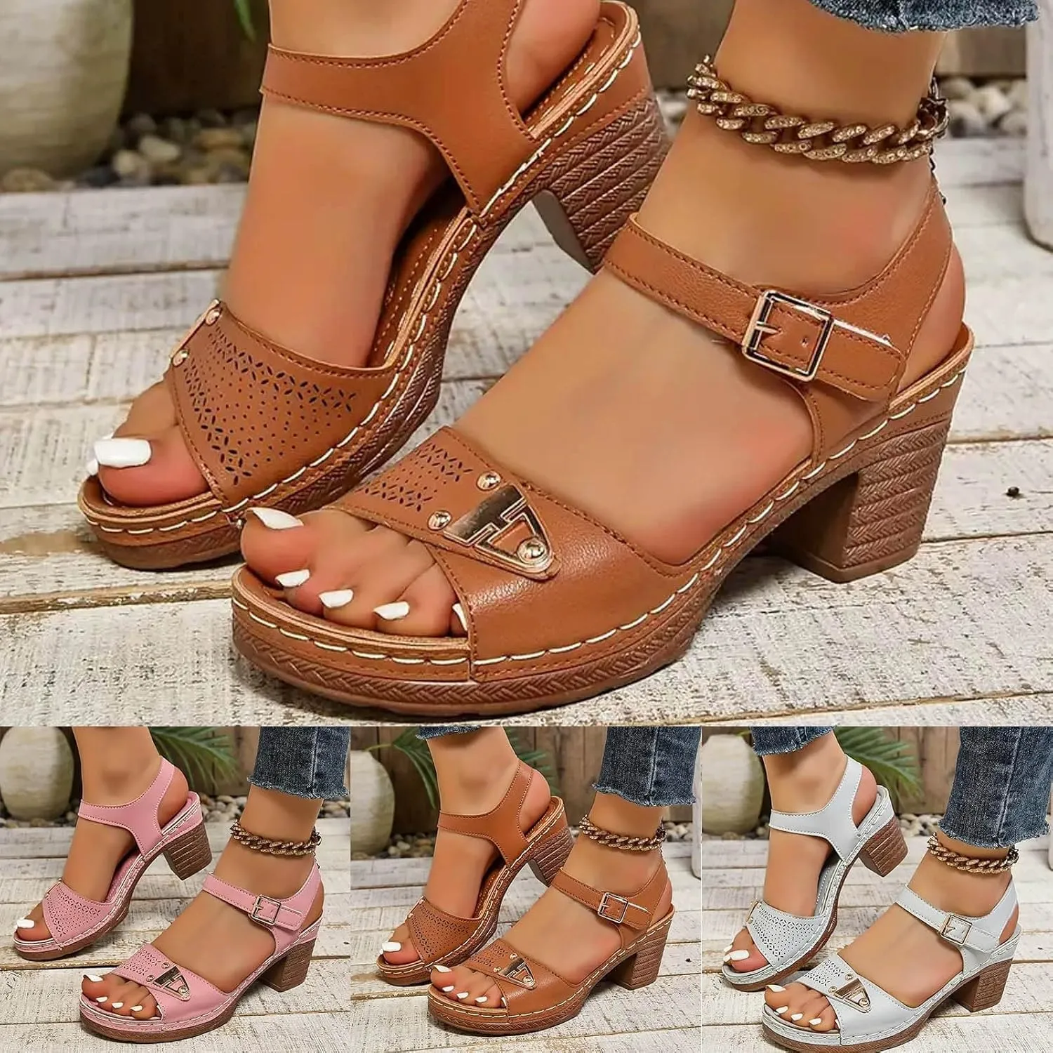 ZSpzx Women's Block Heeled Sandals Comfortable Slip On Peep Toe Adjustable Strappy Chunky Sandal Ladies Plantar Fasciitis Recovery Mules Low Heels Cushion Footbed Orthopedic Arch Support Casual Shoes