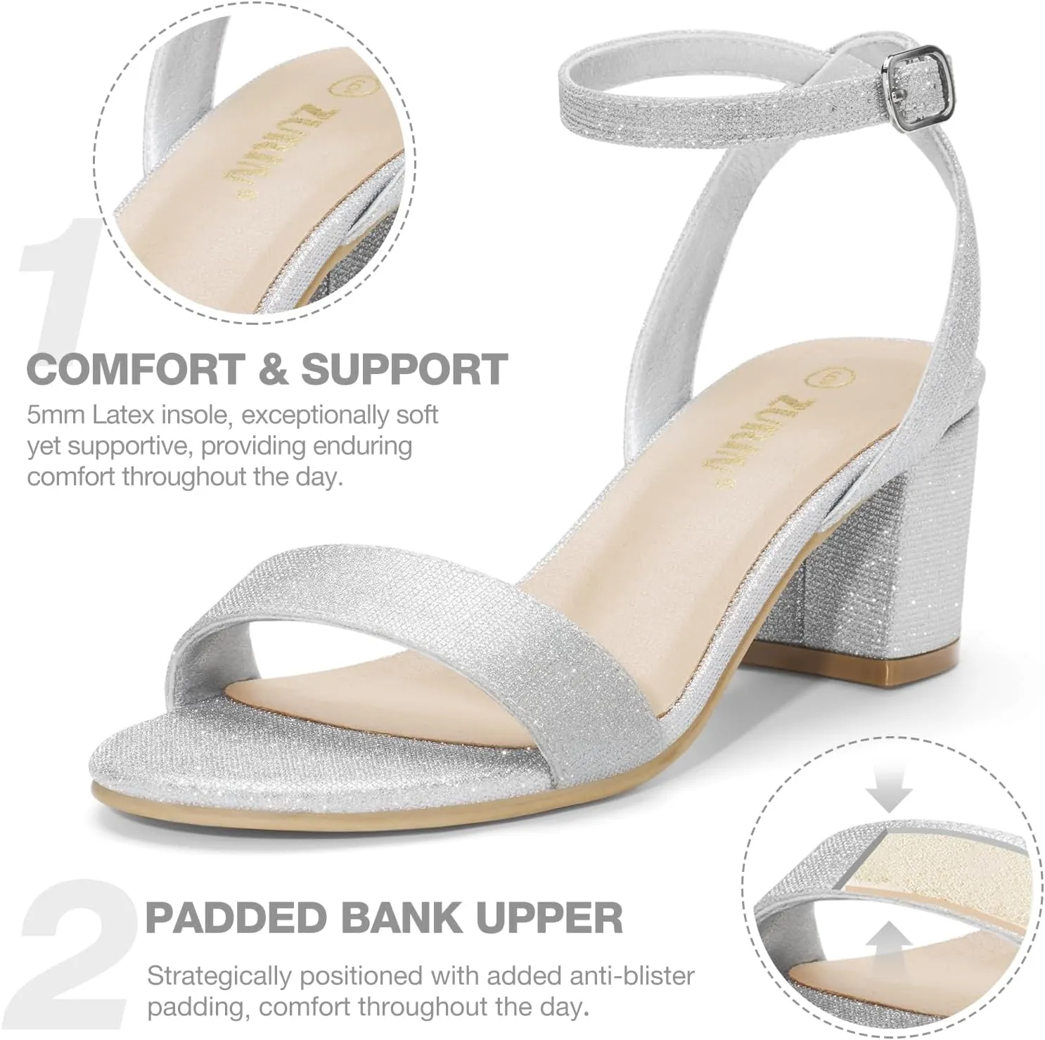 ZURIN Womens Low Block Chunky Heels Open Toe Ankle Strap Heeled Sandals Dress Pumps Shoes for Wedding Bridal Evening Party Homecoming Prom